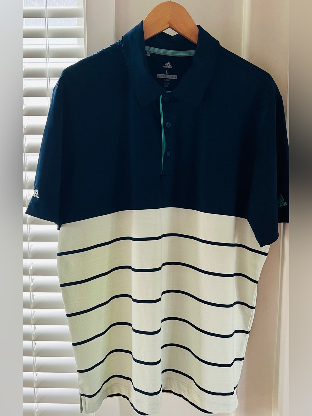 Addidas - Men’s Navy and White Horizontal Stripe Polo - Golf - size Large